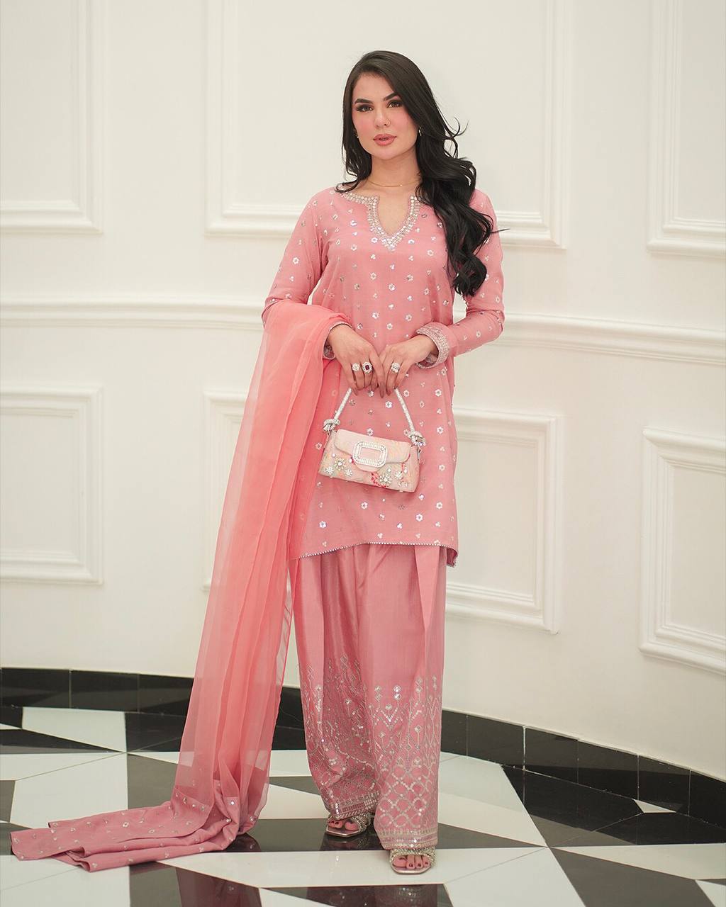 Modern Coral Silver-Trimmed Couture